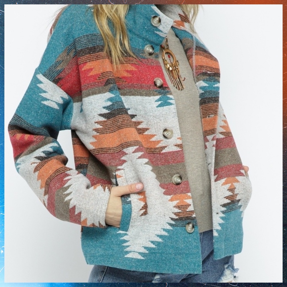 LUX BRAND Aztec Print Button Up Soft & Cozy Jacket W/Stand-Up Collar & Pockets - Picture 11 of 16